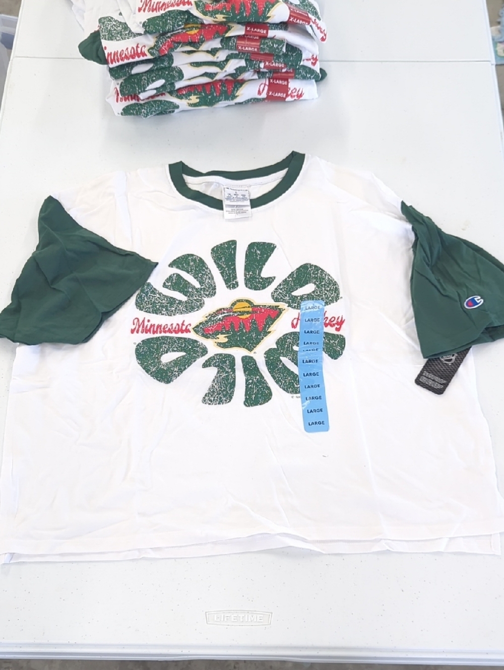 Champion White Tee with Green Raglan Sleeves and Minnesota Graphic